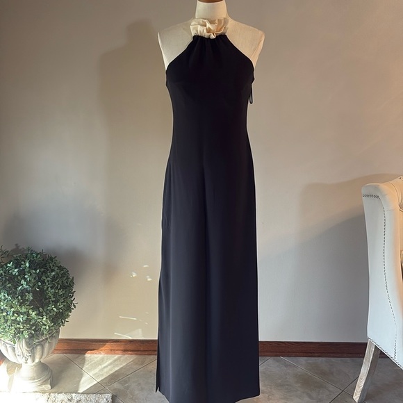 Evening formal long halter dress black open back crape lined mock satin ruffle 4 - Picture 1 of 15